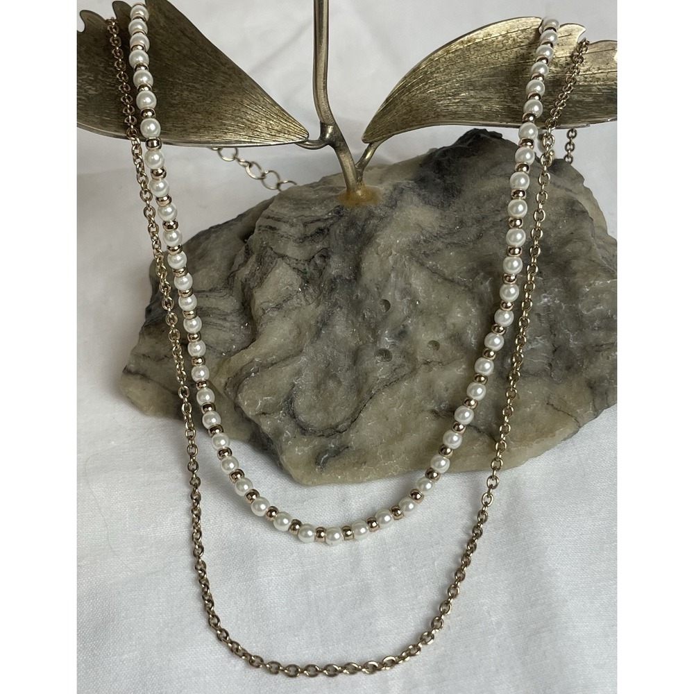 2 Strand Layered Choker Necklace Faux Pearl Gold Tone Cable Chain 12-14"